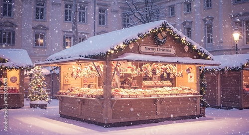 Winter market stall with seasonal food and decorations in a snowy environment