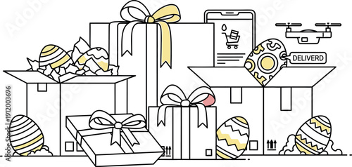 Illustrated concept showing drone delivery of wrapped presents and decorated easter eggs suggesting seasonal holiday shipping and online retail fulfillment for springtime celebrations