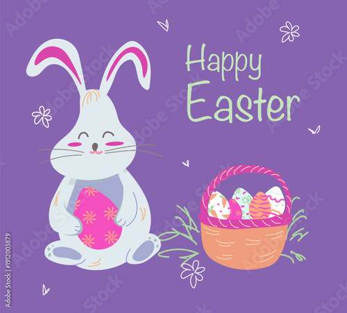 Adorable Happy Easter Bunny Holding Pink Egg Beside Easter Basket with Colorful Eggs Purple Pastel Style Illustration