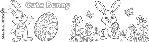 bunny painting easter egg and some flowers, coloring page ready to print on standard 8.5x11 inch paper. eps file.
