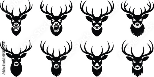Black vector silhouette collection of deer heads with large antlers featuring various facial expressions for hunting nature wildlife and rustic forest animal branding,