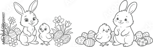 bunny painting easter egg and some flowers, coloring page ready to print on standard 8.5x11 inch paper. eps file.
