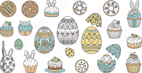 Delightful collection of whimsical Easter treats featuring ornately decorated eggs, bunny ear cupcakes, festive cookies, and small decorated cakes perfect for spring celebration designs.