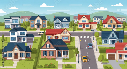 Suburban Neighborhood with Houses and Cars.