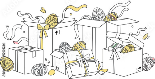Adorable illustration depicting multiple cardboard shipping boxes overflowing with colorful patterned easter eggs and bright festive ribbons creating a whimsical holiday delivery scene