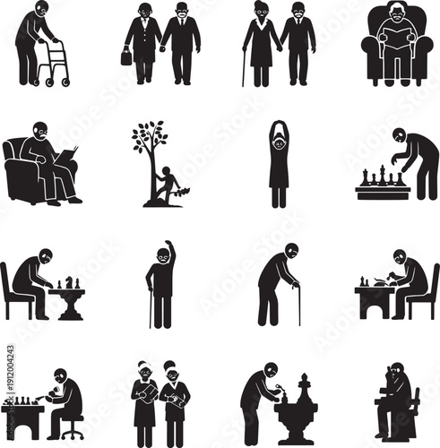 Seniors lifestyle and retirement activities icons for graphic design