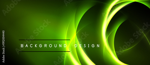 Bright green abstract lines form circular shapes. Dark background emphasizes luminous curves, creating dynamic visual effect. Text reads background design.