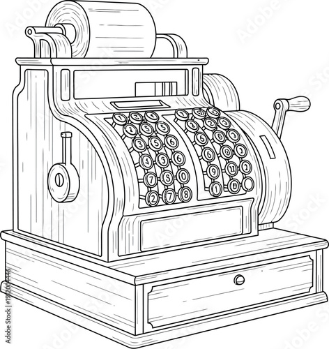 Detailed black and white line art drawing of a vintage mechanical cash register featuring numerous numbered keys a paper roll holder and a lower drawer for currency transactions