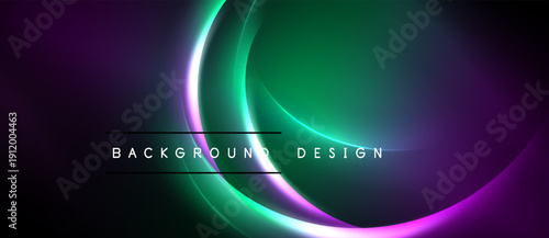 Abstract neon circles overlap dark background. Vibrant purple, green hues create modern design element. Simple text labels bottom center.