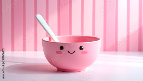 Smiling pink bowl with a white spoon, set against a striped pink background in a soft, cheerful composition