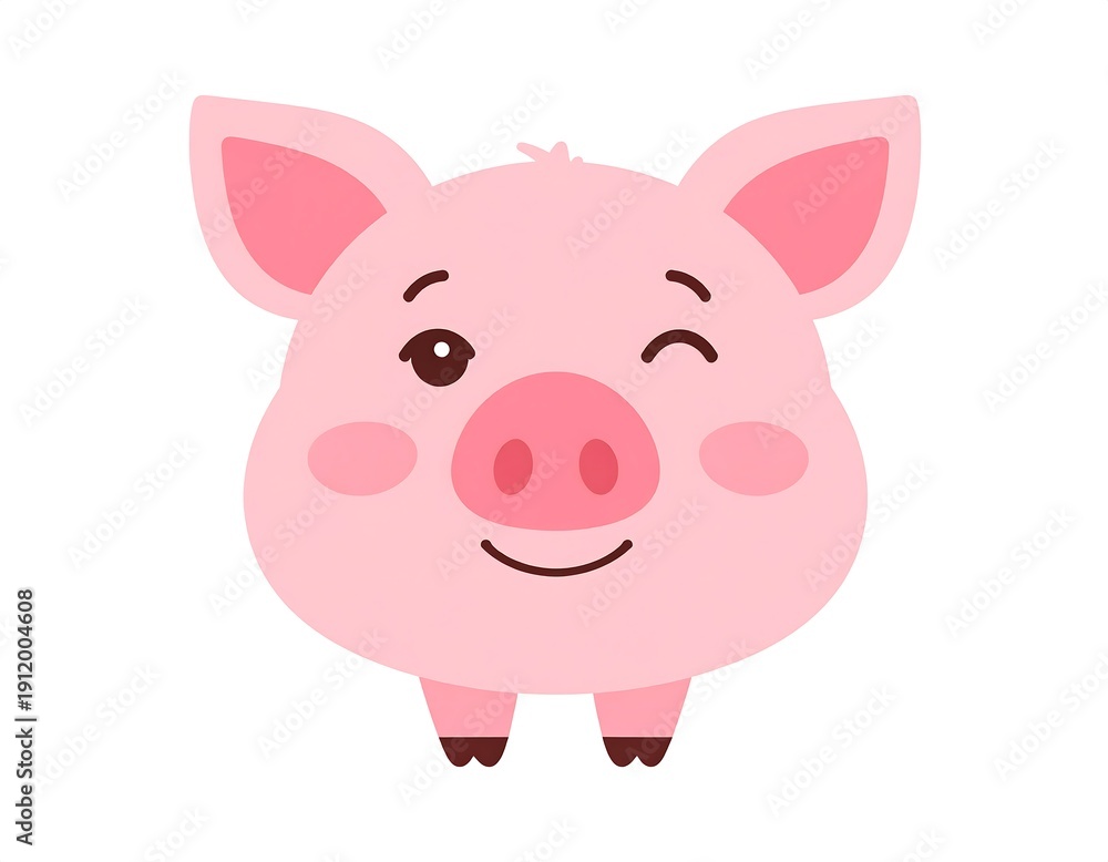 Fototapeta premium Smiling pink pig cartoon face, winking with one eye. Simple, cute, and cheerful