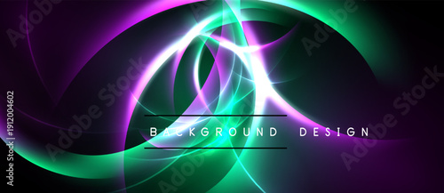 Abstract neon swirls, vibrant purple, green hues. Dark background creates dramatic visual effect. Modern design element.