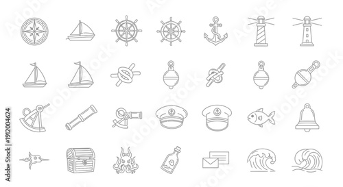 Collection of nautical and adventure-themed icons in simple line art style.