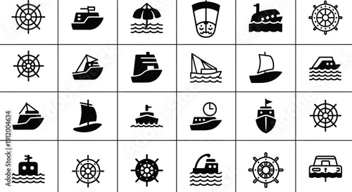 Collection of black nautical icons featuring various ships and maritime symbols.