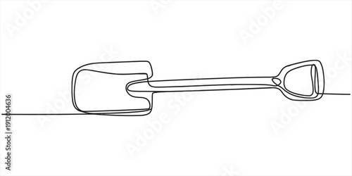 Single continuous line drawing of a garden shovel on a plain white background for design. Vector, illustration