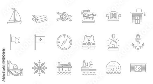Collection of Simple Line Icons Representing Navigation and Maritime Symbols.
