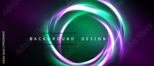 Abstract neon circles over dark background. Vibrant purple, green hues create dynamic visual effect. Text reads background design.