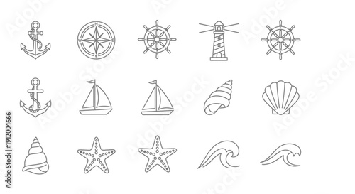 Collection of simple line icons representing nautical and beach elements.