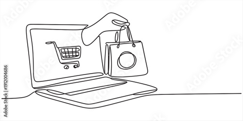 Continuous line drawing of a hand reaching out of a laptop screen holding a shopping bag. Vector, illustration