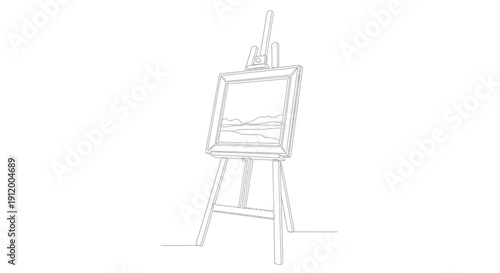 Minimalist single line drawing illustration depicts a wooden art easel holding a framed landscape painting ready for display or artistic creation against a white background.