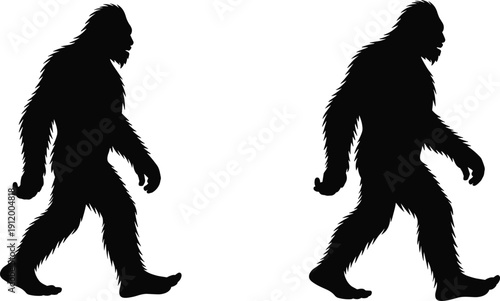 Black silhouette illustration of Bigfoot Sasquatch mythical creature walking, mirrored figures with long arms and broad shoulders, stylized folklore artwork for mystery, culture, and design projects