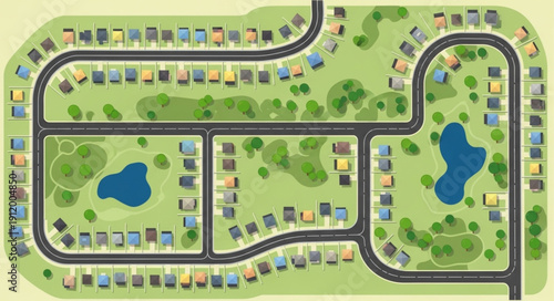 Suburban Neighborhood Map with Lakes.