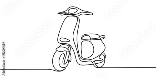 Minimalist continuous line drawing of a vintage motor scooter on a clean white background. Vector, illustration
