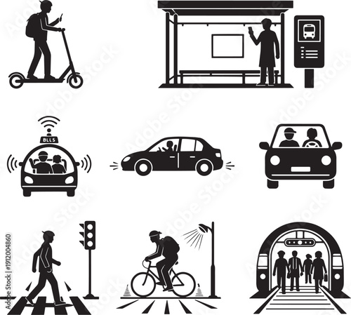Urban transportation icons set: self-driving cars, bus stop, bicycle, train station