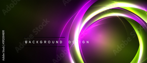 Abstract design features vibrant circular glows. Purple, green, yellow hues blend against dark backdrop. Modern, dynamic visual presentation.