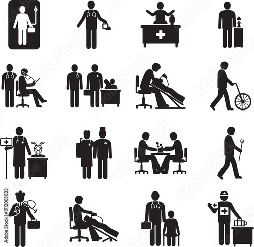 Medical staff and patient care icons collection, healthcare concept silhouettes