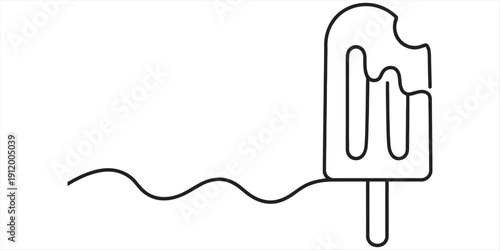 Simple black and white line drawing of a bitten popsicle on a stick next to a wavy line. Vector, illustration