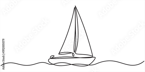 Minimalist continuous line drawing of a sailboat sailing on gentle ocean waves. Vector, illustration