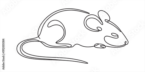 A minimalist continuous line drawing of a small mouse on a plain white background. Vector, illustration