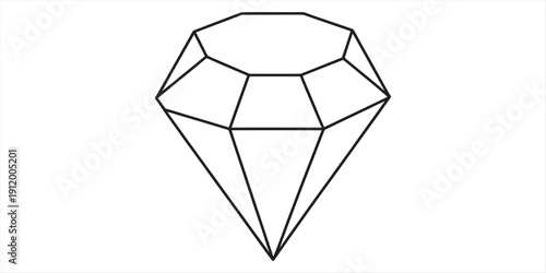 A minimalist black and white line drawing of a faceted diamond gemstone on a white background. Vector, illustration