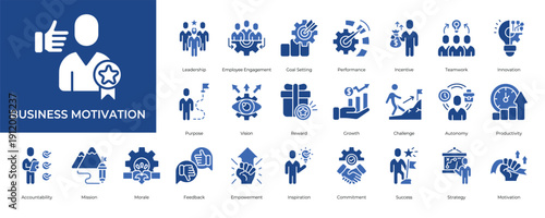 Business Motivation Icon set Collection in Glyph Two Color Style. leadership, engagement, goals, performance, incentive, teamwork