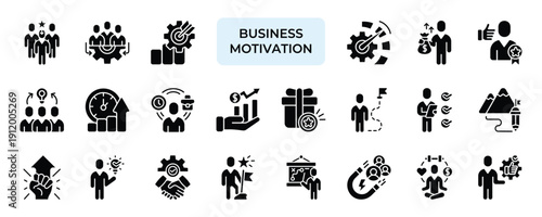 Business Motivation Icon set Collection in Solid Glyph Style. leadership, engagement, goals, performance, incentive, teamwork