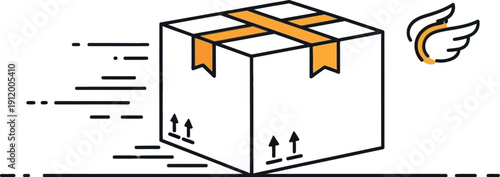 Icon representing fast shipping and quick delivery service featuring a taped cardboard box moving rapidly with motion lines and a symbolic winged emblem illustrating speed.
