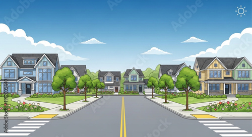 Suburban Neighborhood Street with Houses.
