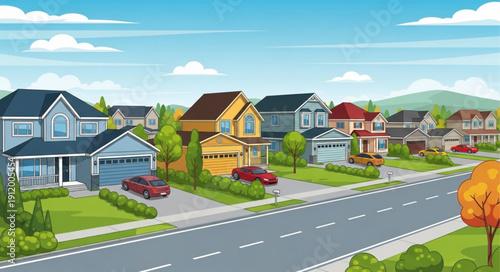 Suburban Neighborhood Street with Houses.