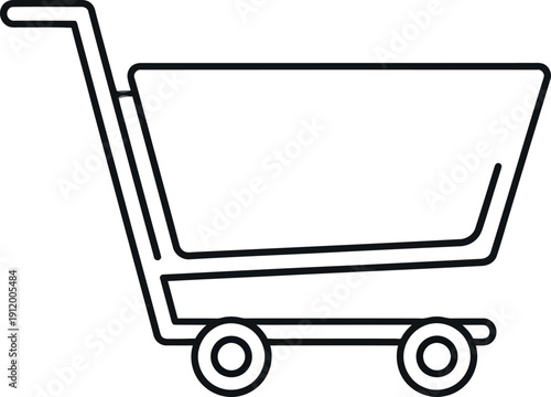 Simple black outline icon representing a grocery shopping cart used for transporting merchandise in stores or depicting online retail purchasing activities clearly.