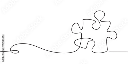 Continuous line drawing of a single jigsaw puzzle piece on a plain white background. Vector, illustration