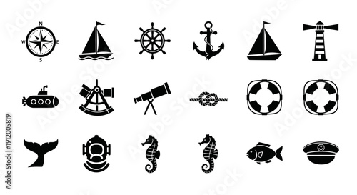 Collection of black nautical icons on white background.