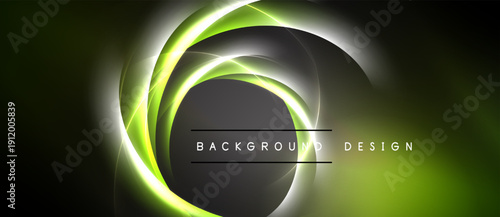 Abstract neon lines form circular shapes. Dark background contrasts bright green, white elements. Text reads background design.