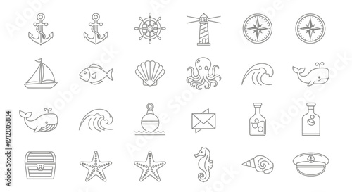 Collection of simple line icons representing various sea and beach elements.
