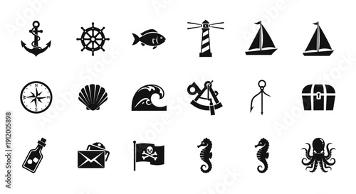 Collection of black nautical symbols and icons on white background.
