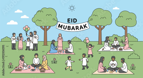 Cheerful muslim families and children celebrating eid mubarak outdoors enjoying a sunny park picnic together under festive banner