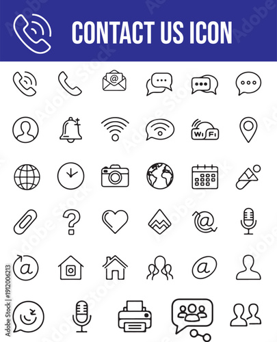 Contact us icons set with communication symbols and social media graphics for business and website use