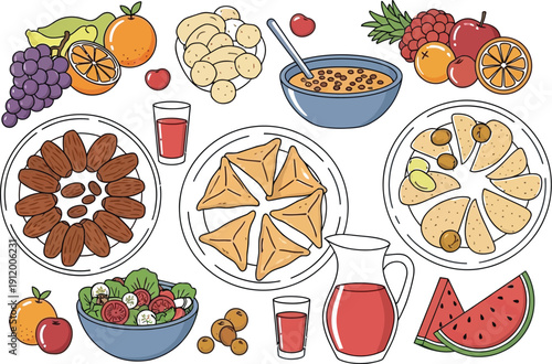 Assortment of traditional Middle Eastern Iftar and Suhoor meal items including fresh fruits savory pastries dates and refreshing beverages for Ramadan