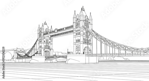 Detailed architectural outline drawing of the famous Tower Bridge in London showcasing its intricate gothic revival style structure over the river