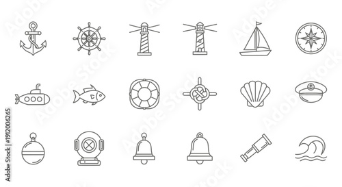 Collection of Simple Line Icons for Nautical and Coastal Themes.